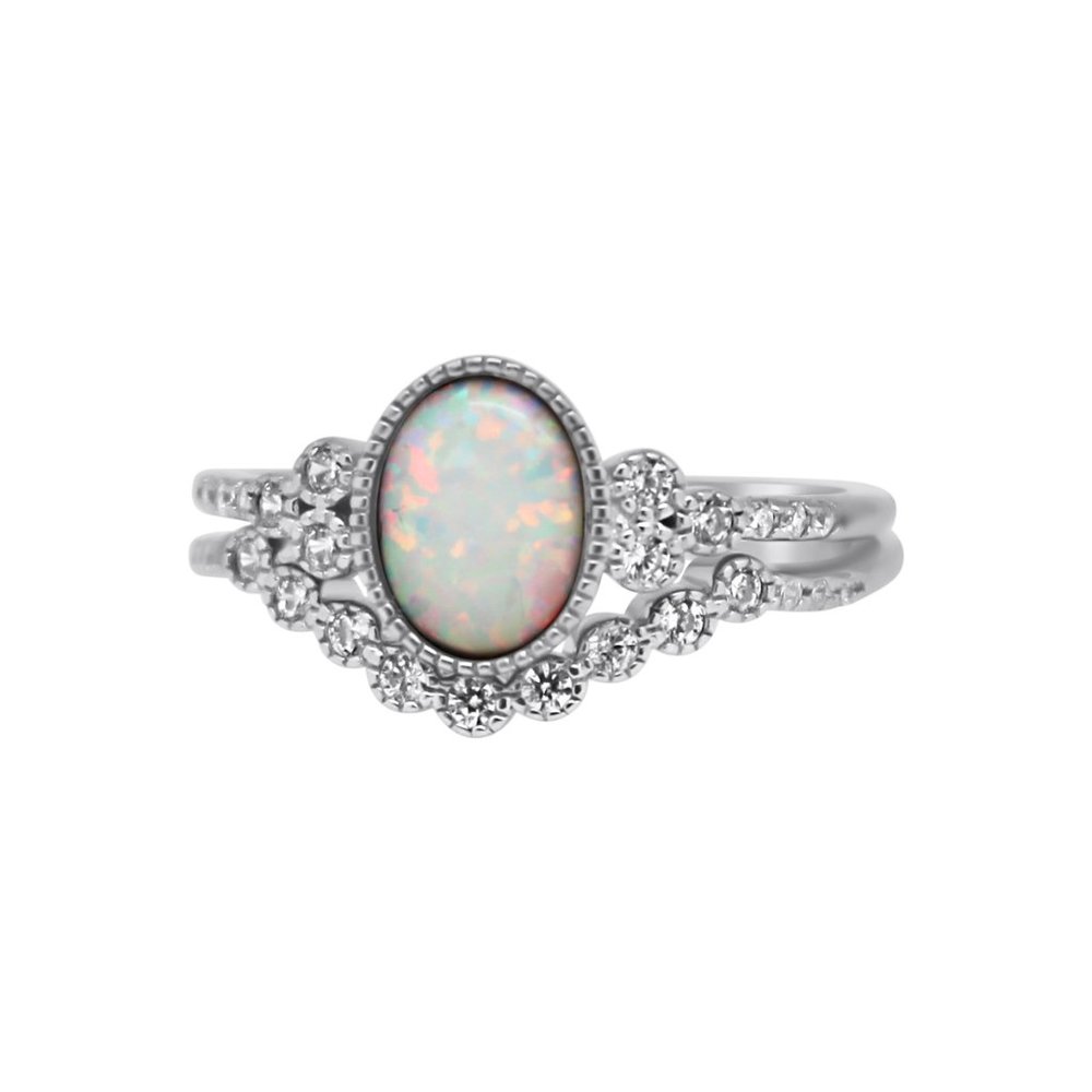 White Opal & CZ Double Band Sterling Silver Ring